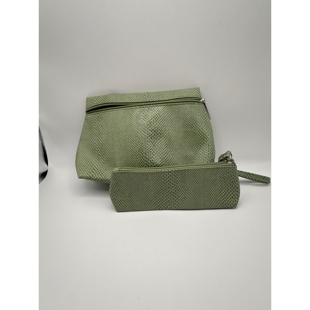 Green Snakeskin Embossed Cosmetic Bag Set Faux Leather Makeup Pouches 2 Piece